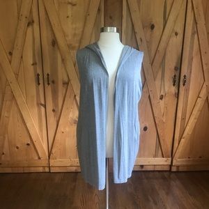 Duster length knit vest with hood